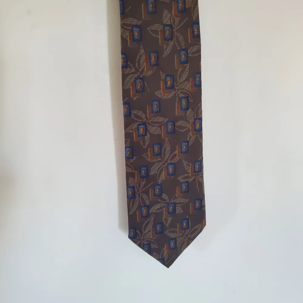 ERMINEGILDO ZEGNA Silk Wool Blend Neck Tie Leaf Geo Tan Gold Blue Green Italy